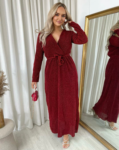 Elegant V Neck Tie Waist Glittery Maxi Dress - She Wears Glory Beverly Hills