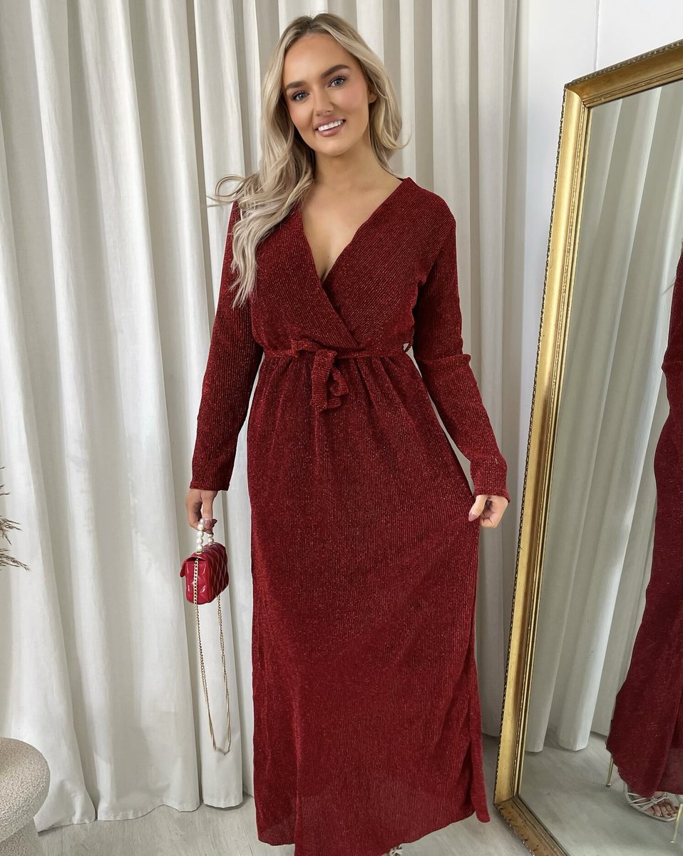 Elegant V Neck Tie Waist Glittery Maxi Dress - She Wears Glory Beverly Hills