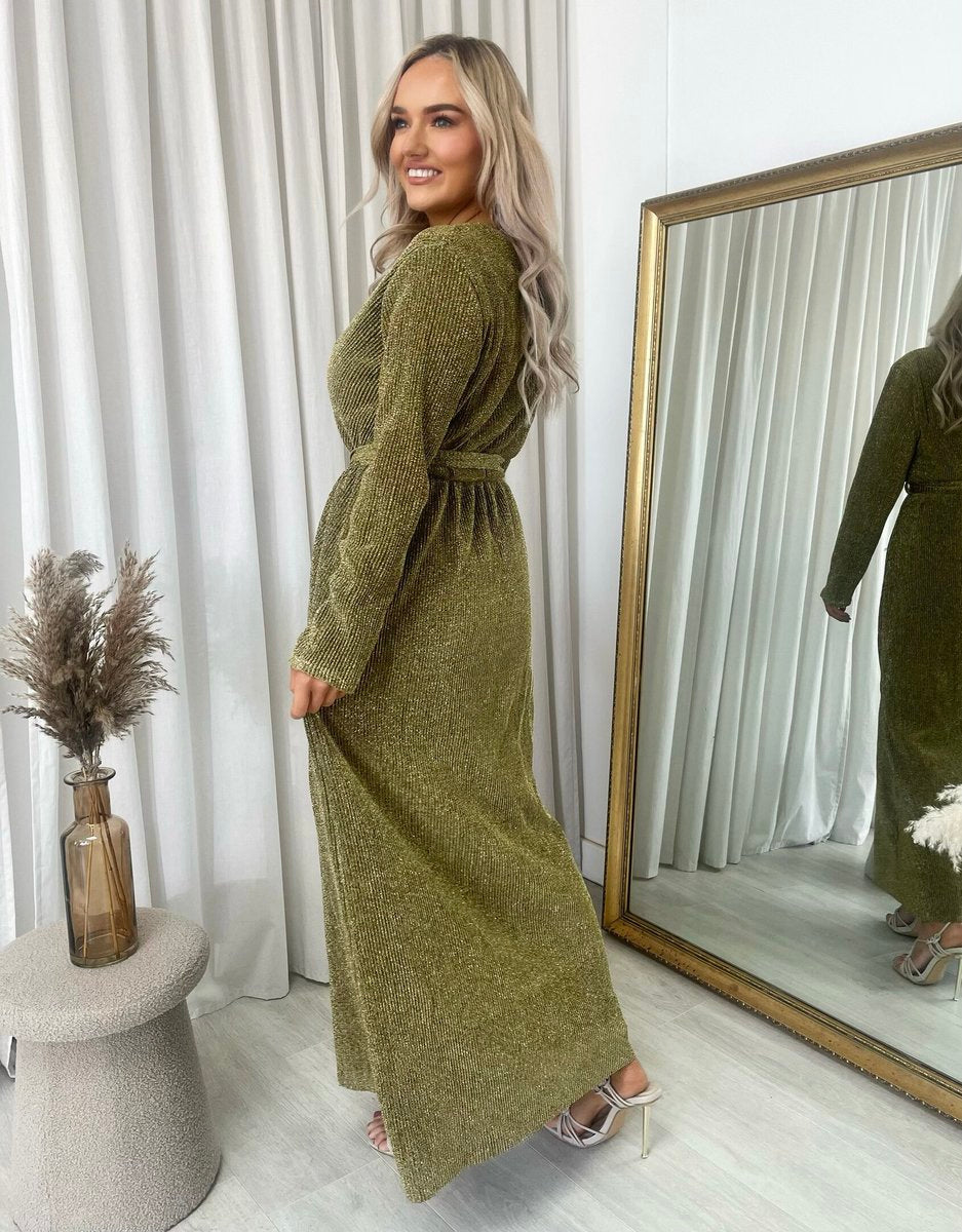 Elegant V Neck Tie Waist Glittery Maxi Dress - She Wears Glory Beverly Hills