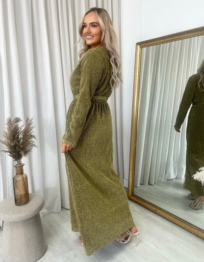 Elegant V Neck Tie Waist Glittery Maxi Dress - She Wears Glory Beverly Hills