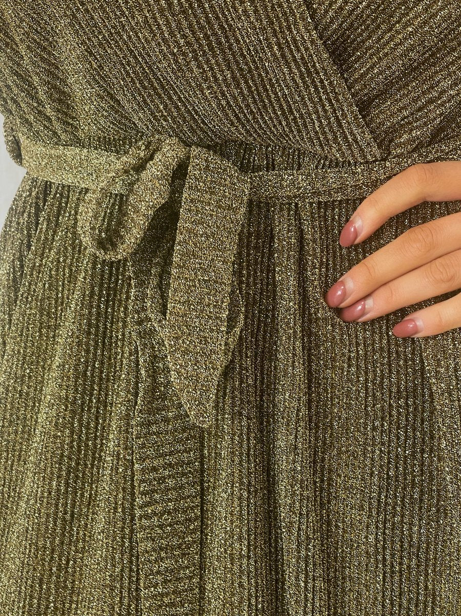 Elegant V Neck Tie Waist Glittery Maxi Dress - She Wears Glory Beverly Hills