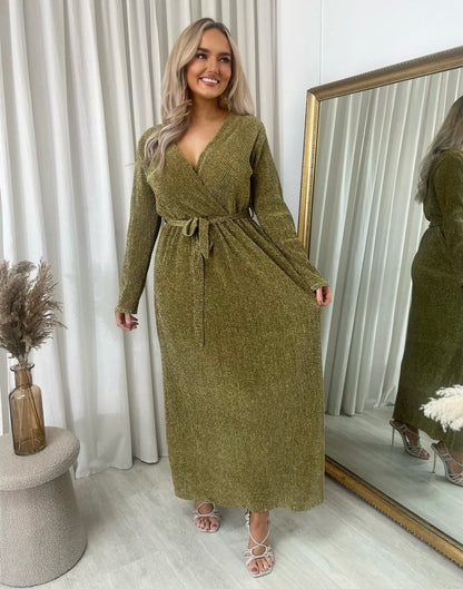 Elegant V Neck Tie Waist Glittery Maxi Dress - She Wears Glory Beverly Hills