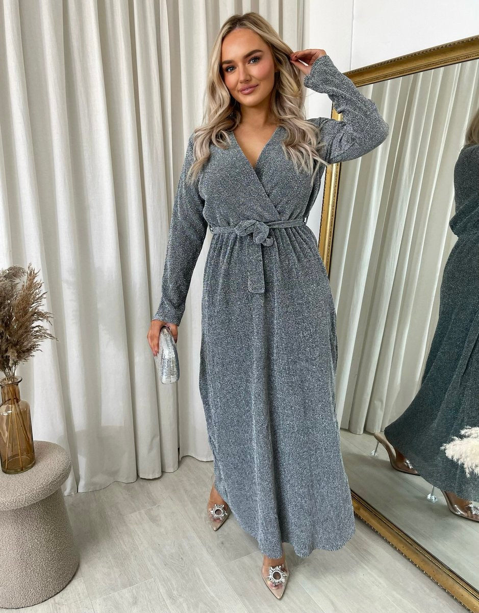 Elegant V Neck Tie Waist Glittery Maxi Dress - She Wears Glory Beverly Hills