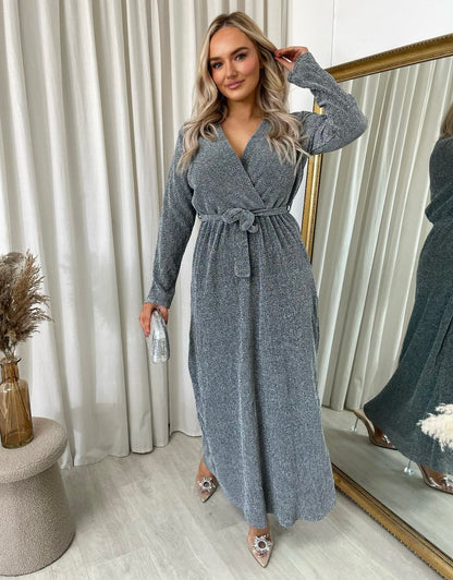 Elegant V Neck Tie Waist Glittery Maxi Dress - She Wears Glory Beverly Hills