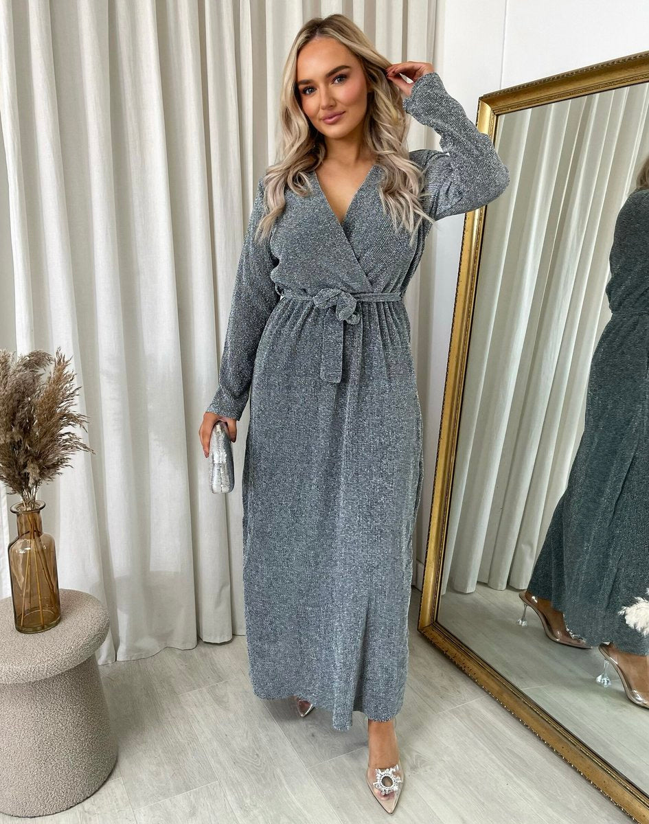 Elegant V Neck Tie Waist Glittery Maxi Dress - She Wears Glory Beverly Hills