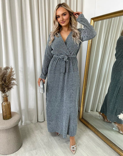 Elegant V Neck Tie Waist Glittery Maxi Dress - She Wears Glory Beverly Hills