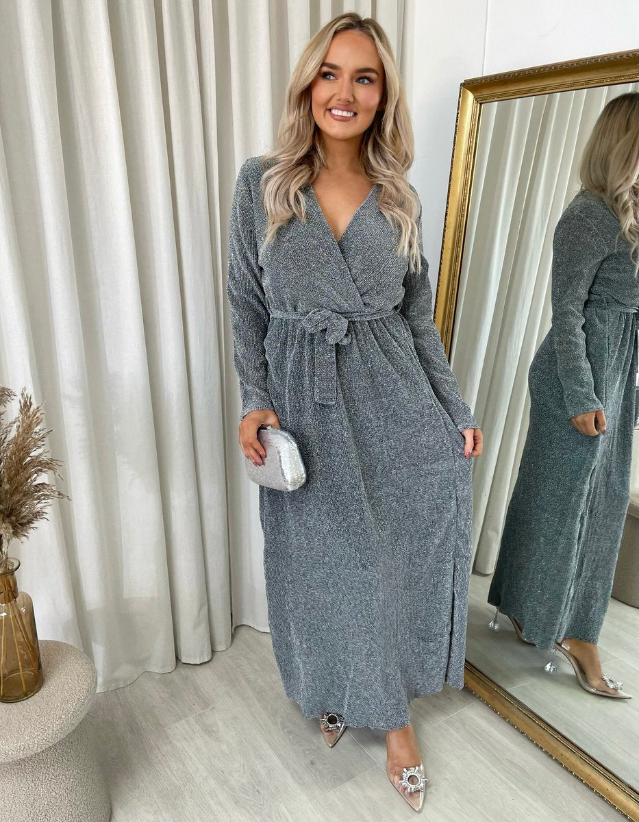 Elegant V Neck Tie Waist Glittery Maxi Dress - She Wears Glory Beverly Hills
