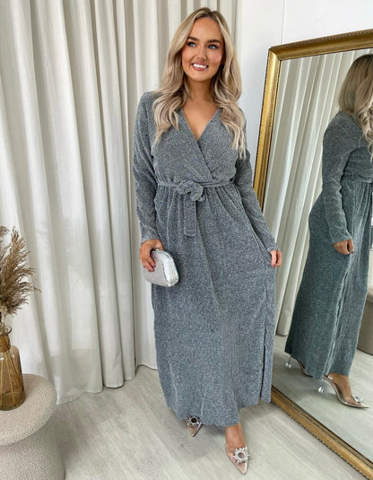 Elegant V Neck Tie Waist Glittery Maxi Dress - She Wears Glory Beverly Hills