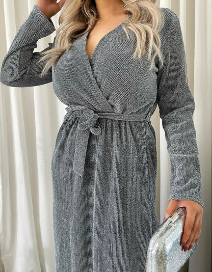 Elegant V Neck Tie Waist Glittery Maxi Dress - She Wears Glory Beverly Hills