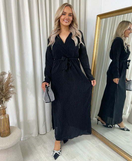 Elegant V Neck Tie Waist Glittery Maxi Dress - She Wears Glory Beverly Hills