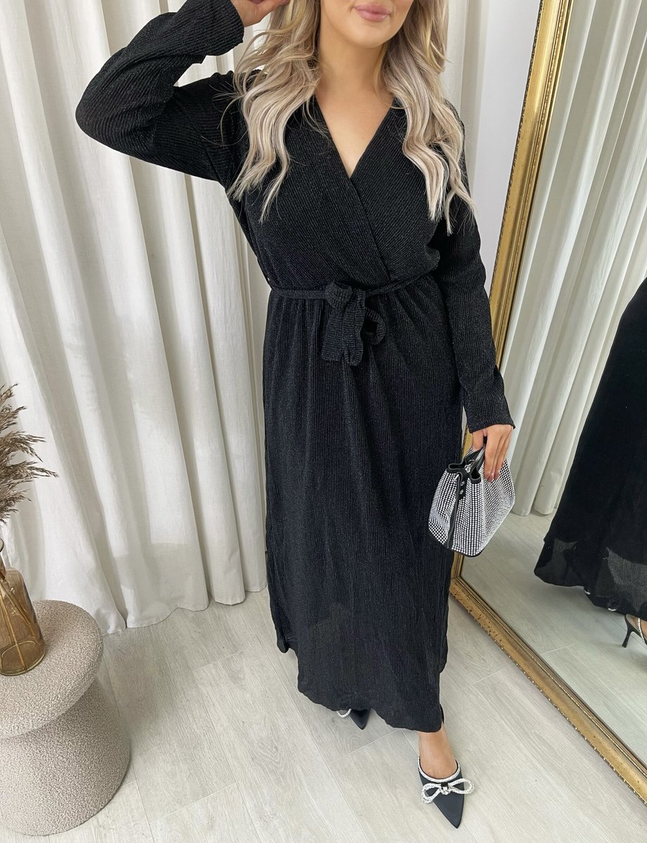 Elegant V Neck Tie Waist Glittery Maxi Dress - She Wears Glory Beverly Hills