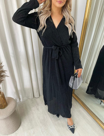 Elegant V Neck Tie Waist Glittery Maxi Dress - She Wears Glory Beverly Hills