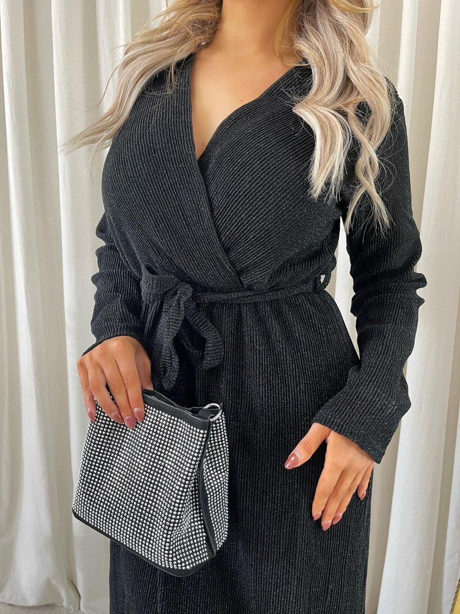 Elegant V Neck Tie Waist Glittery Maxi Dress - She Wears Glory Beverly Hills