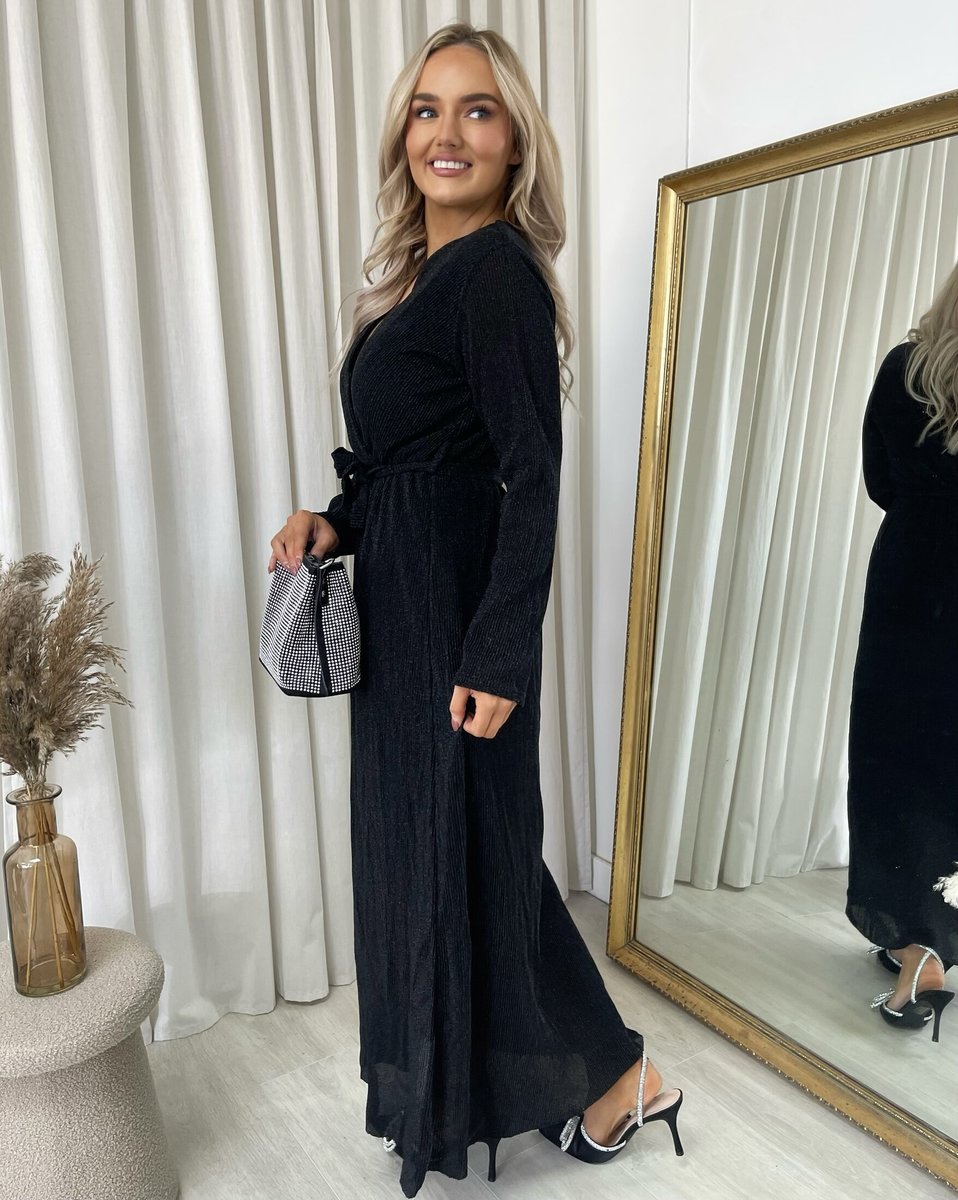 Elegant V Neck Tie Waist Glittery Maxi Dress - She Wears Glory Beverly Hills