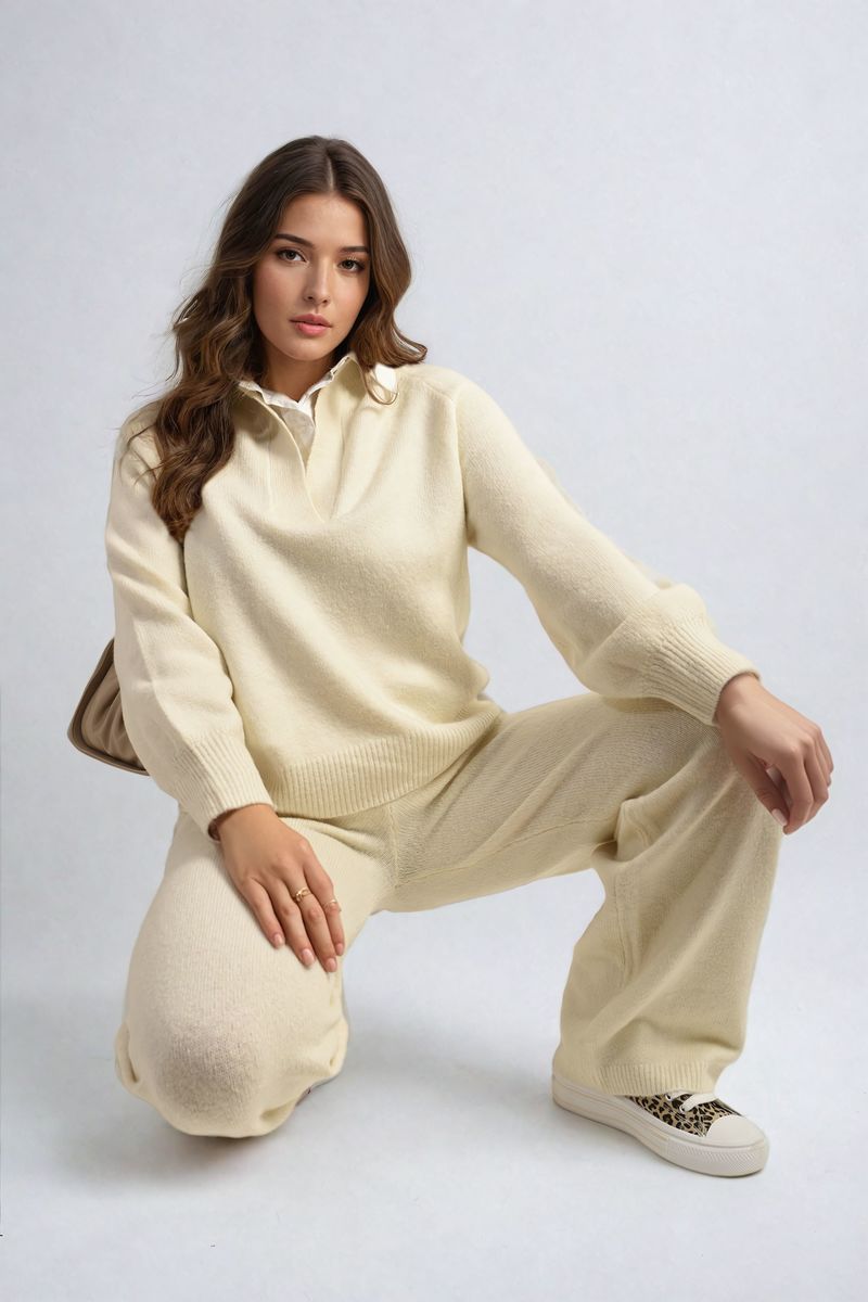 She Wears Glory™ Long Sleeve Knitted Collar Top and Wide Leg Pants Co-ord Set
