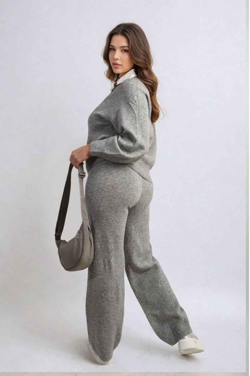 She Wears Glory™ Long Sleeve Knitted Collar Top and Wide Leg Pants Co-ord Set