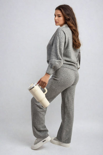 She Wears Glory™ Long Sleeve Knitted Collar Top and Wide Leg Pants Co-ord Set