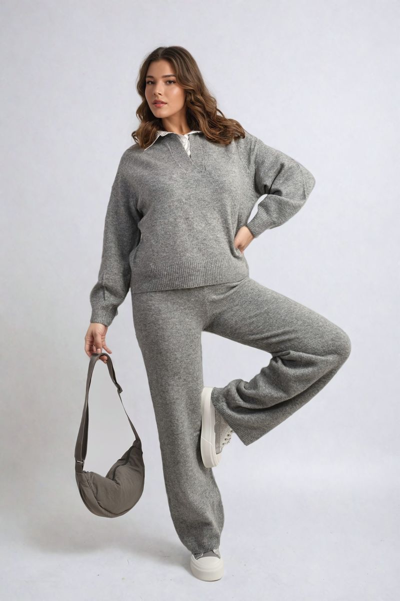 She Wears Glory™ Long Sleeve Knitted Collar Top and Wide Leg Pants Co-ord Set