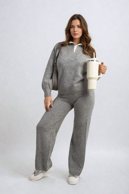She Wears Glory™ Long Sleeve Knitted Collar Top and Wide Leg Pants Co-ord Set