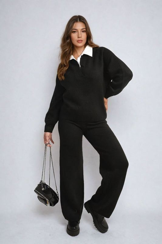 She Wears Glory™ Long Sleeve Knitted Collar Top and Wide Leg Pants Co-ord Set