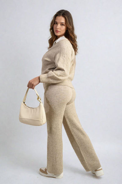 She Wears Glory™ Long Sleeve Knitted Collar Top and Wide Leg Pants Co-ord Set