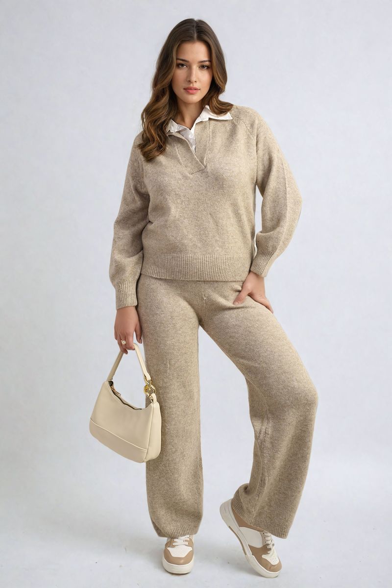 She Wears Glory™ Long Sleeve Knitted Collar Top and Wide Leg Pants Co-ord Set