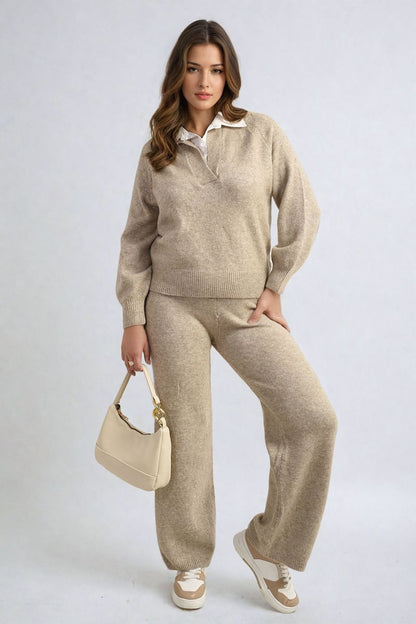 She Wears Glory™ Long Sleeve Knitted Collar Top and Wide Leg Pants Co-ord Set