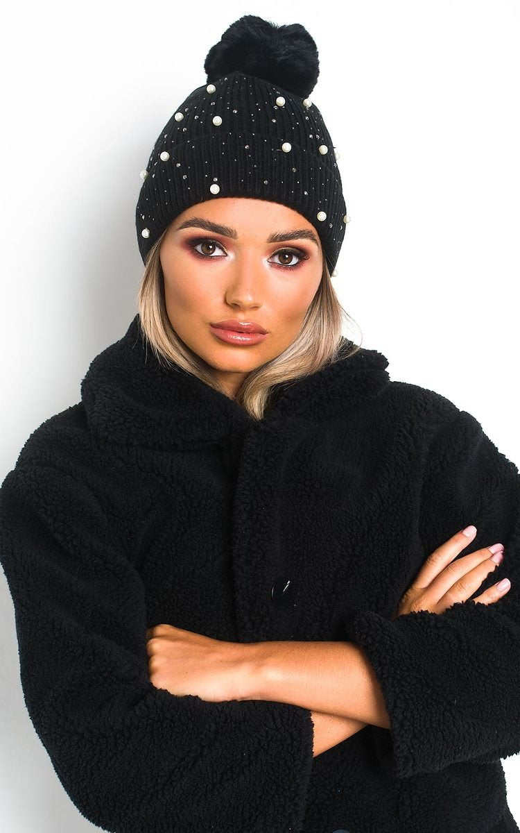 She Wears Glory™ Pearl Embellished Pom Pom Hat