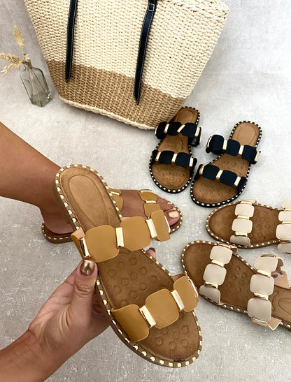 She Wears Glory™ Gold Trim Detail Two Strap Flat Sandals