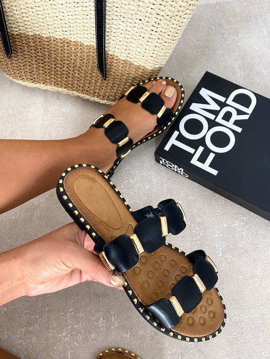 She Wears Glory™ Gold Trim Detail Two Strap Flat Sandals