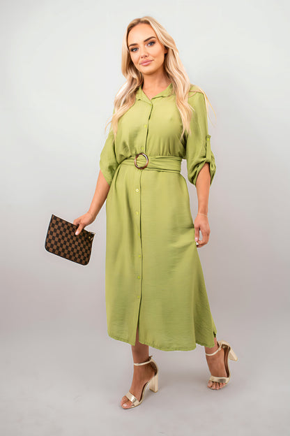 Belted Button Down Roll Tab Sleeve Midi Dress - She Wears Glory Beverly Hills