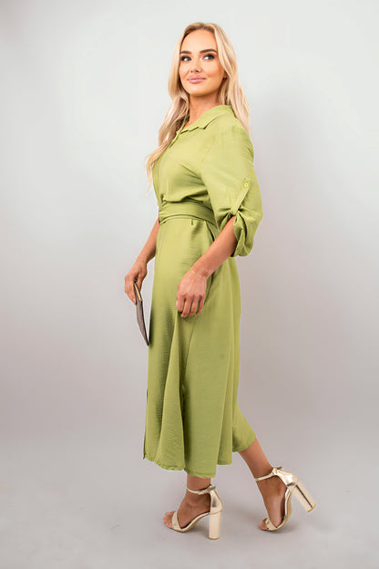 Belted Button Down Roll Tab Sleeve Midi Dress - She Wears Glory Beverly Hills