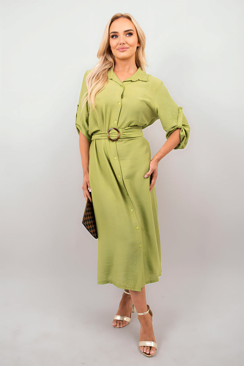 Belted Button Down Roll Tab Sleeve Midi Dress - She Wears Glory Beverly Hills