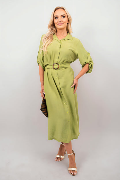 Belted Button Down Roll Tab Sleeve Midi Dress - She Wears Glory Beverly Hills