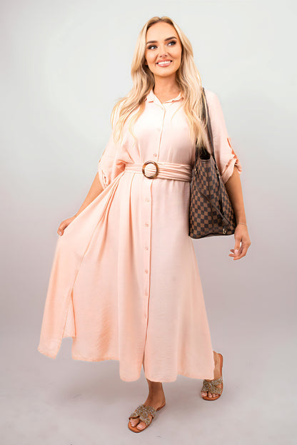 Belted Button Down Roll Tab Sleeve Midi Dress - She Wears Glory Beverly Hills