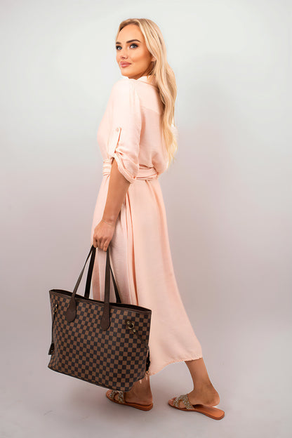Belted Button Down Roll Tab Sleeve Midi Dress - She Wears Glory Beverly Hills