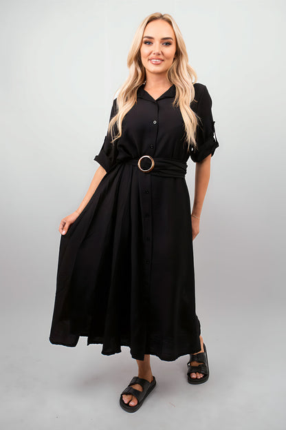 Belted Button Down Roll Tab Sleeve Midi Dress - She Wears Glory Beverly Hills