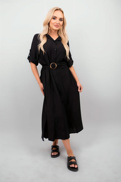 Belted Button Down Roll Tab Sleeve Midi Dress - She Wears Glory Beverly Hills