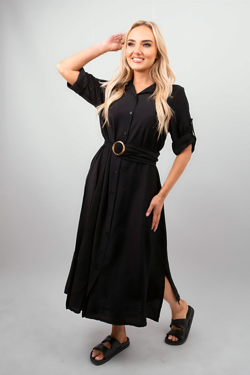 Belted Button Down Roll Tab Sleeve Midi Dress - She Wears Glory Beverly Hills