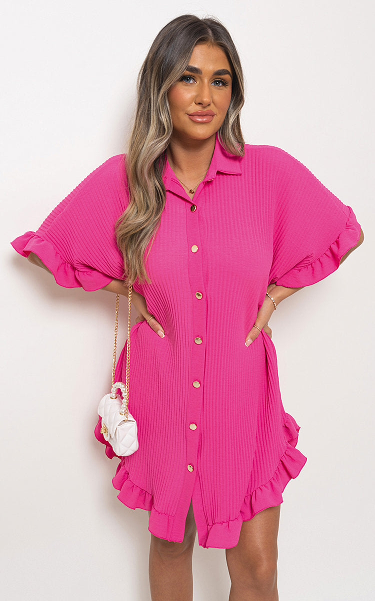 She Wears Glory™ Button Down Oversized Ruffle Short Sleeve Mini Dress