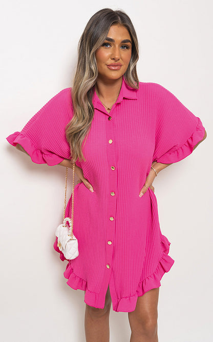She Wears Glory™ Button Down Oversized Ruffle Short Sleeve Mini Dress