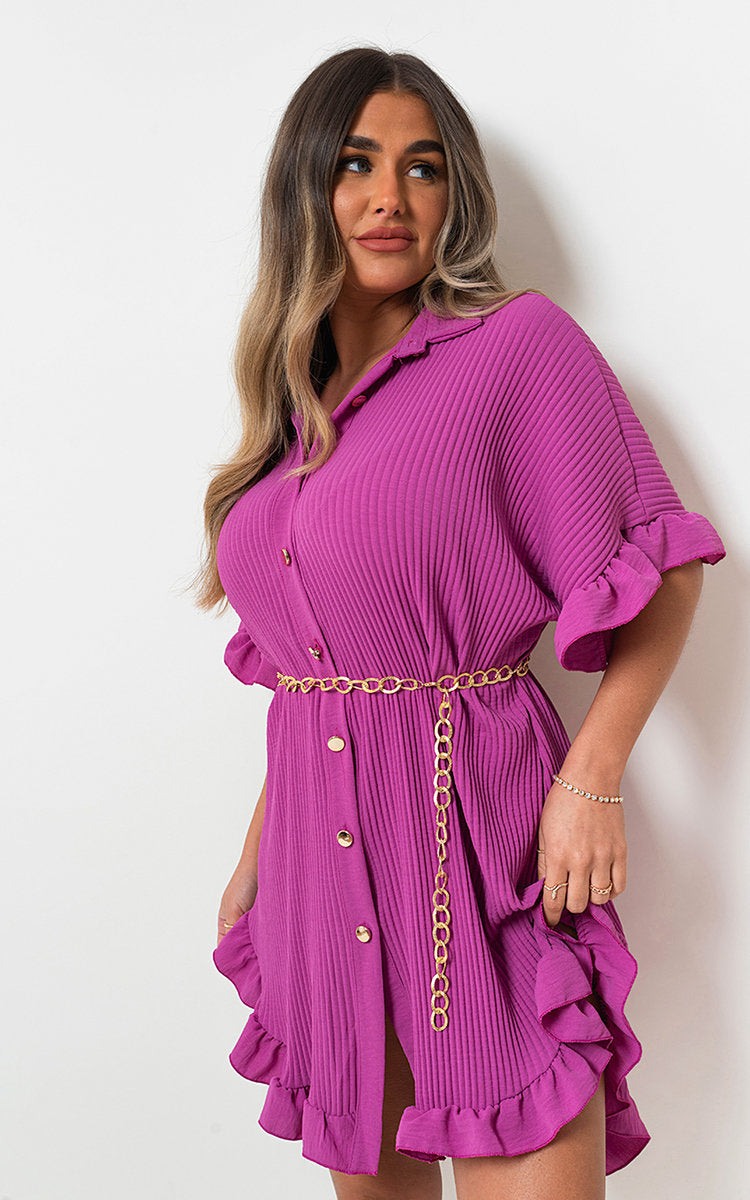 She Wears Glory™ Button Down Oversized Ruffle Short Sleeve Mini Dress