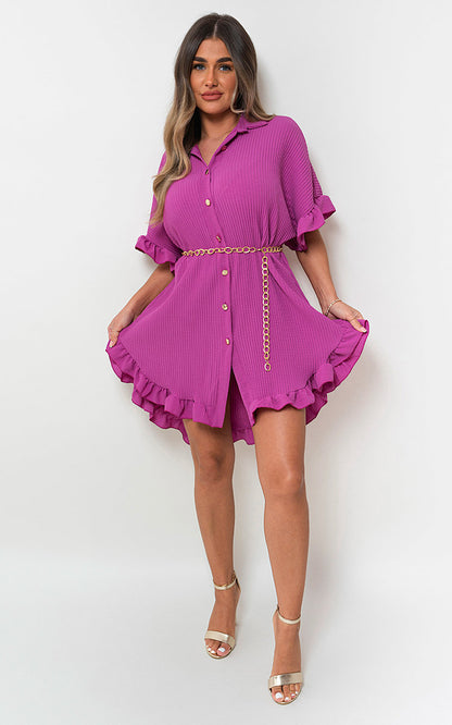 She Wears Glory™ Button Down Oversized Ruffle Short Sleeve Mini Dress