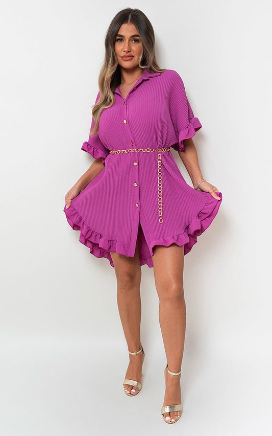 She Wears Glory™ Button Down Oversized Ruffle Short Sleeve Mini Dress