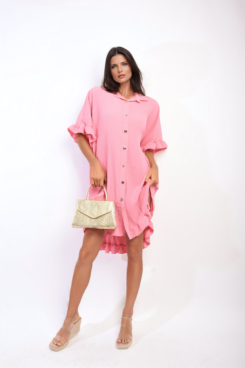 She Wears Glory™ Button Down Oversized Ruffle Short Sleeve Mini Dress