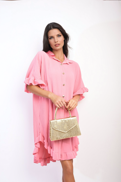She Wears Glory™ Button Down Oversized Ruffle Short Sleeve Mini Dress