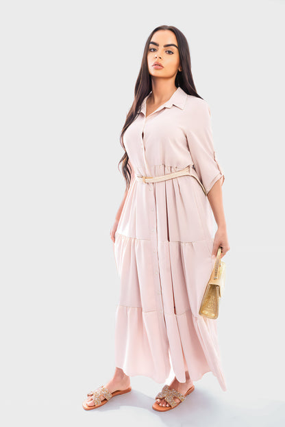 Belted Button Down Tiered Maxi Dress - She Wears Glory Beverly Hills