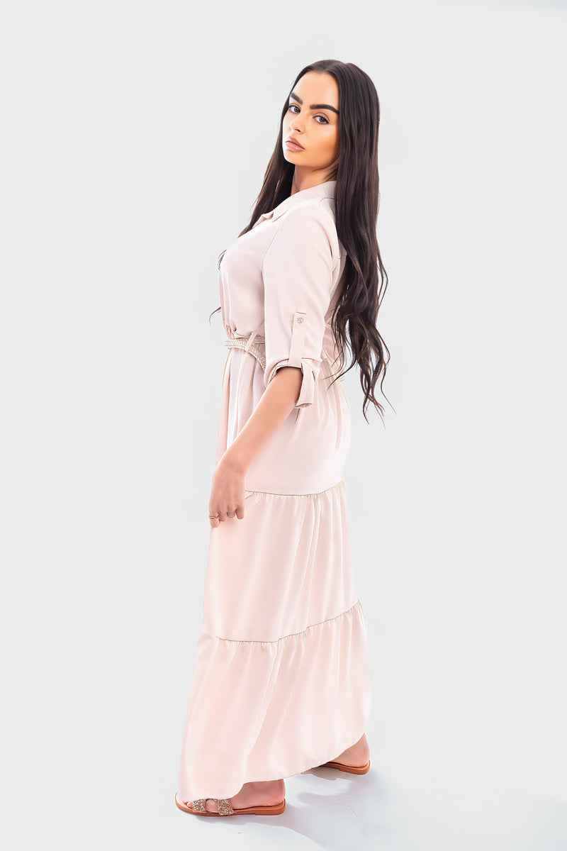 Belted Button Down Tiered Maxi Dress - She Wears Glory Beverly Hills