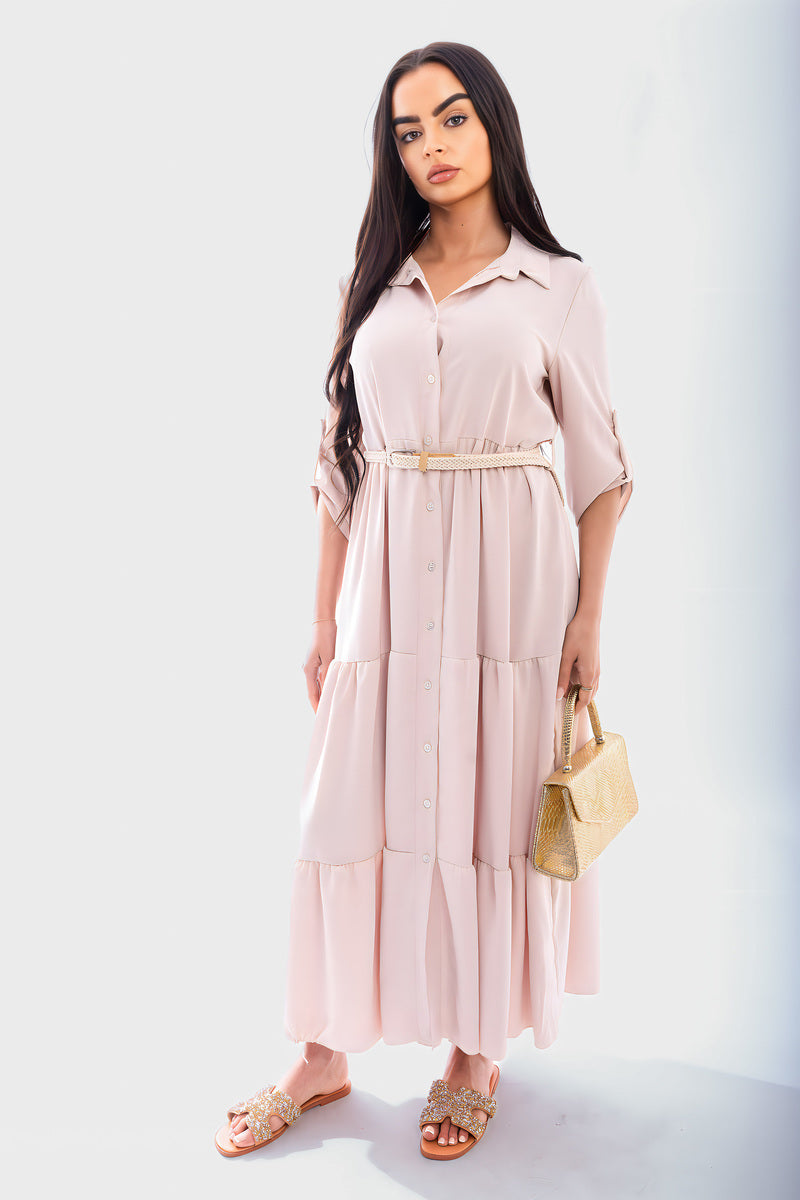 Belted Button Down Tiered Maxi Dress - She Wears Glory Beverly Hills