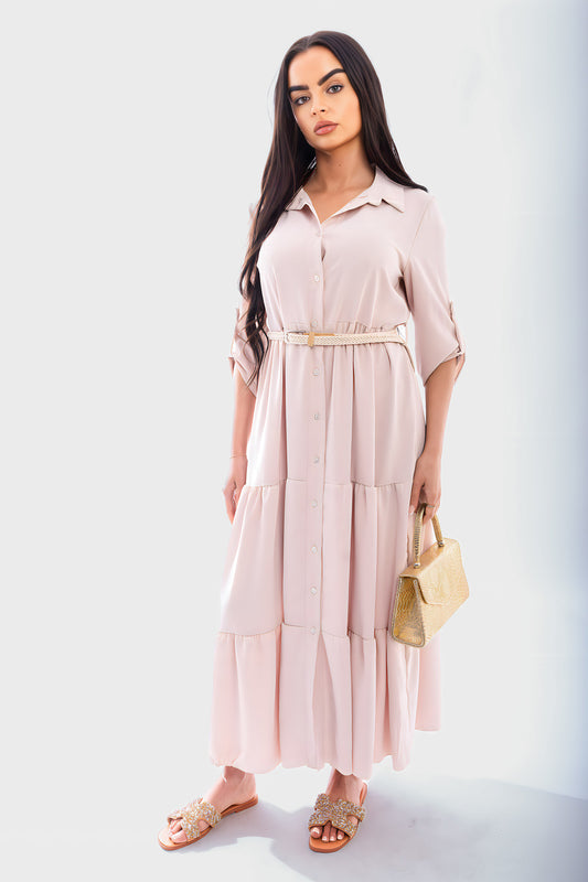 Belted Button Down Tiered Maxi Dress - She Wears Glory Beverly Hills